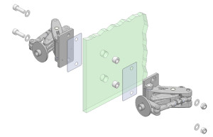 Back to back installation of Manfred Frank heavy duty hinges onto glass